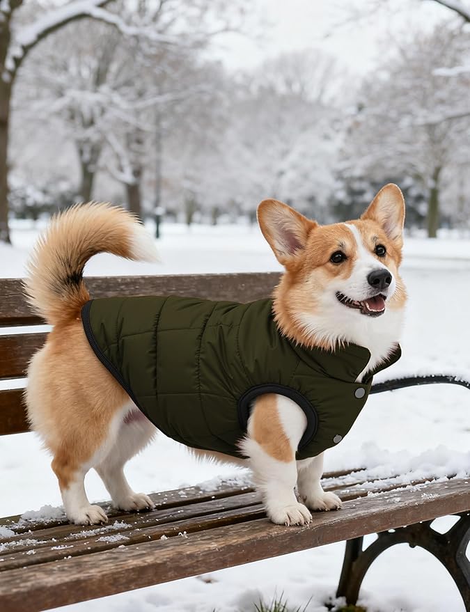 AURUZA Dog Winter Coat, Warm Waterproof Dogs Jacket Small Pet Vest for Medium Dogs Windproof Pet Fleece Vest Snow Jacket for Cold Weather(Army Green,L)