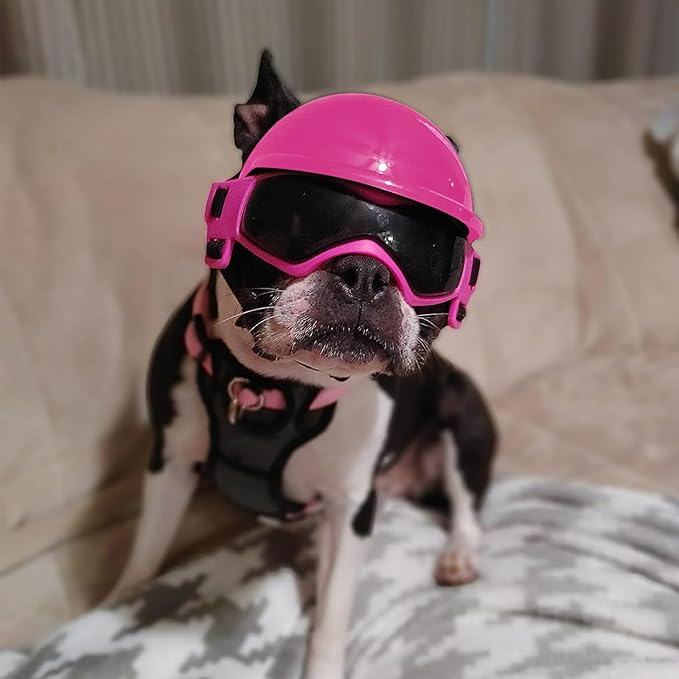PETLESO Small Dog Goggles with Helmet, 2PCS Pet Sunglasses and Dog Motorcycle Helmet with Ear Holes, Small Medium Breed Outdoor Driving Walking Biking Protection, All Pink