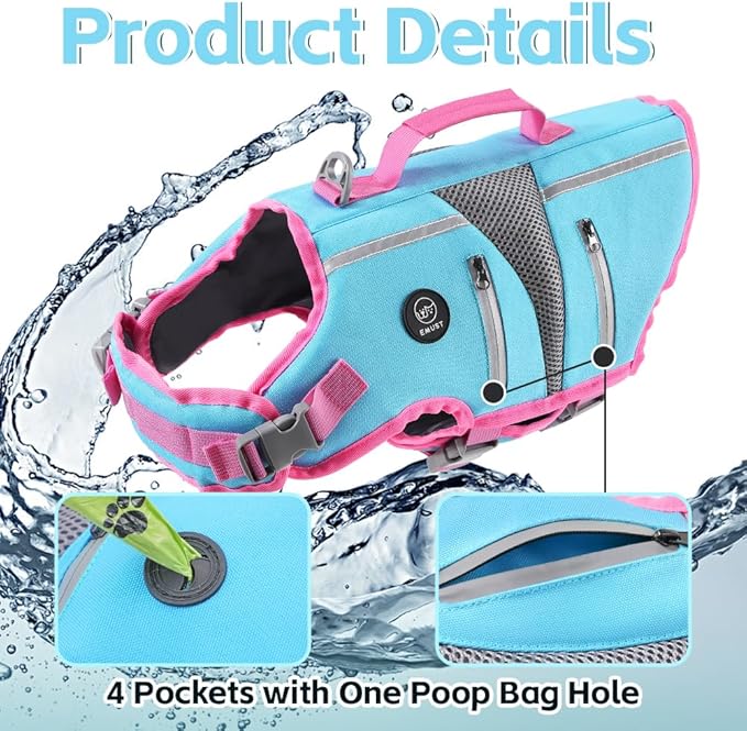 EMUST Dog Life Jacket, Ripstop Large Dog Life Vest with Rescue Handle, Lightweight High Visibility Pet Water Vest for Small Medium Large Dogs, Blue, XL