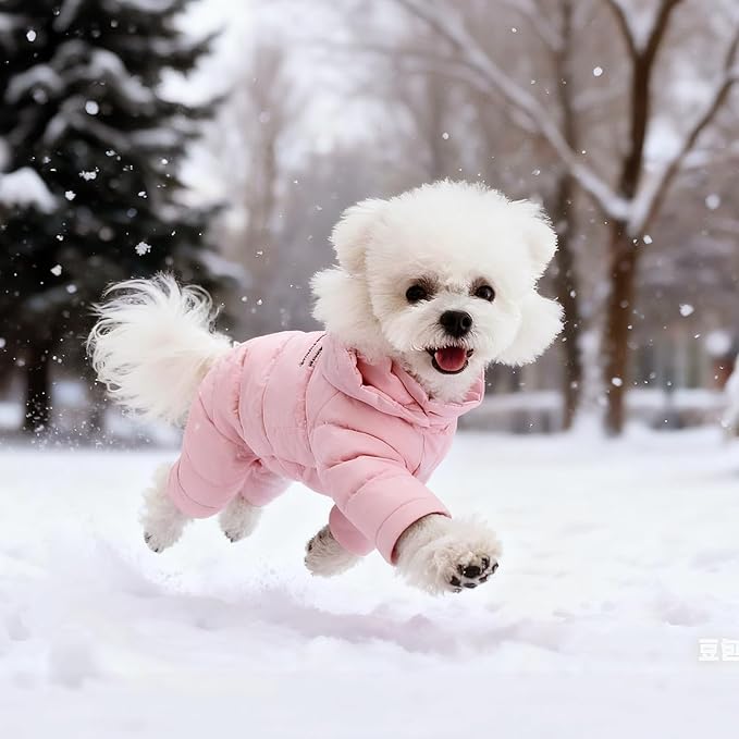 White Duck Down Dog Coat - 4-Leg Coverage, Waterproof Windproof Warm Winter Snowsuit, Cotton Anti-Static Lining, Built-in Harness Hole for Small/Medium Dogs,Size 18(XXXL) Pink