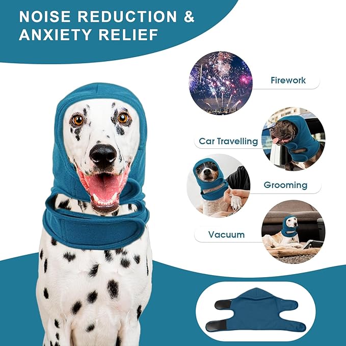 NACOCO Dog Calming Hoodie - Adjustable No Shake Dog Ear Covers Pet Head Ear Wrap Muffs Noise for Grooming Bath Fireworks(Dark Blue, M)
