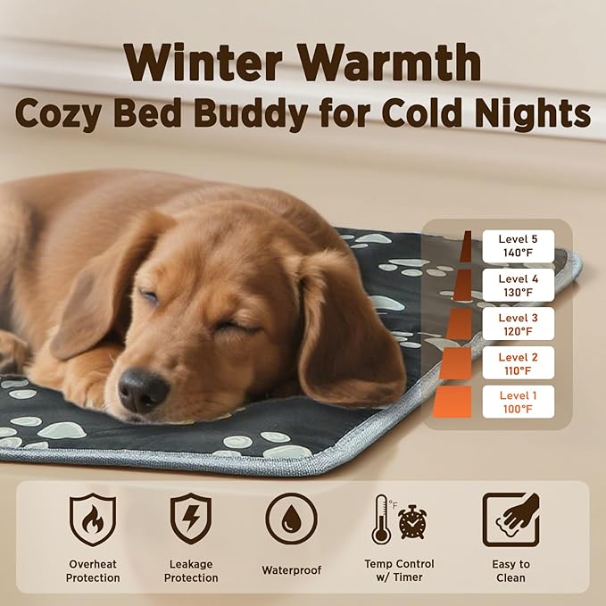 furrybaby Pet Heating Pad, Waterproof Dog Heating Pad Mat for Cat with Durable Anti-Bite Tube Indoor for Puppies Dogs Cats (1 Pack Black, 40 X 28in, Temp Adjustable)