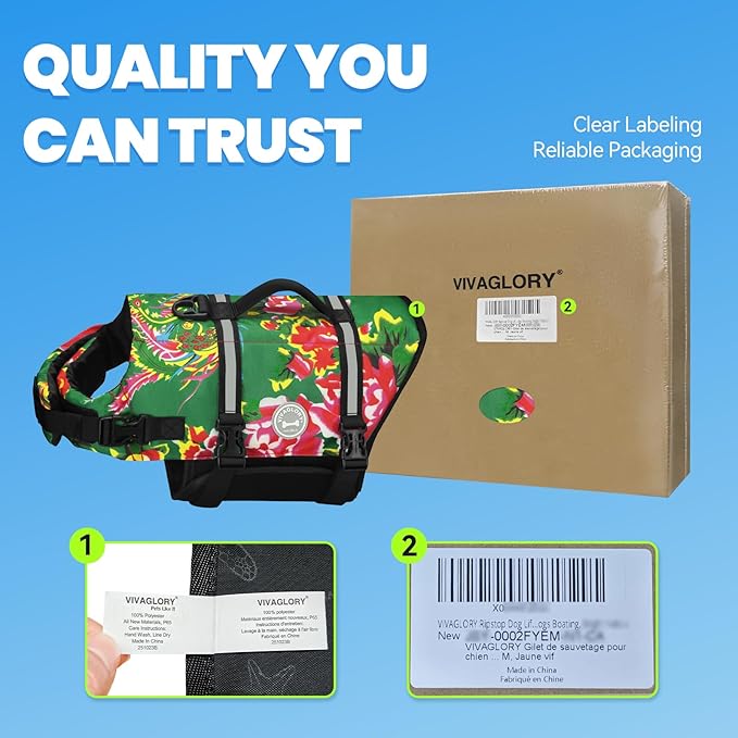 VIVAGLORY Rip Stop Dog Life Vest, Swimming Vest with Handle, Buoyancy for Doggy Puppy, Dog Life Jacket for Swimming & Boating, M, Northeast Florals-Green