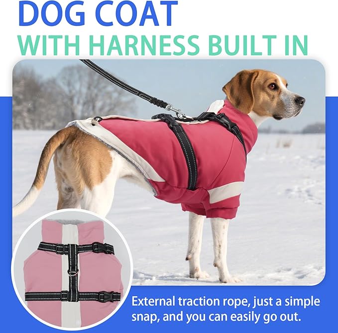 MIGOHI Rainproof Dog Winter Jacket with Harness,XXL Large Fleece Dog Coat with Sleeves,Adjustable Pet Puffer Jacket Snowsuit Cold Weather Coats for Golden Labrador Retriever,XXL,Pink