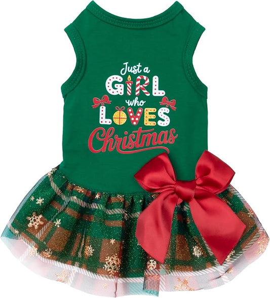 Fitwarm Just a Girl Who Loves Christmas Dog Tulle Dress, Funny Christmas Clothes for Small Dogs Girl, Holiday Pet Outfit, Red, White, Green, Yellow, XS