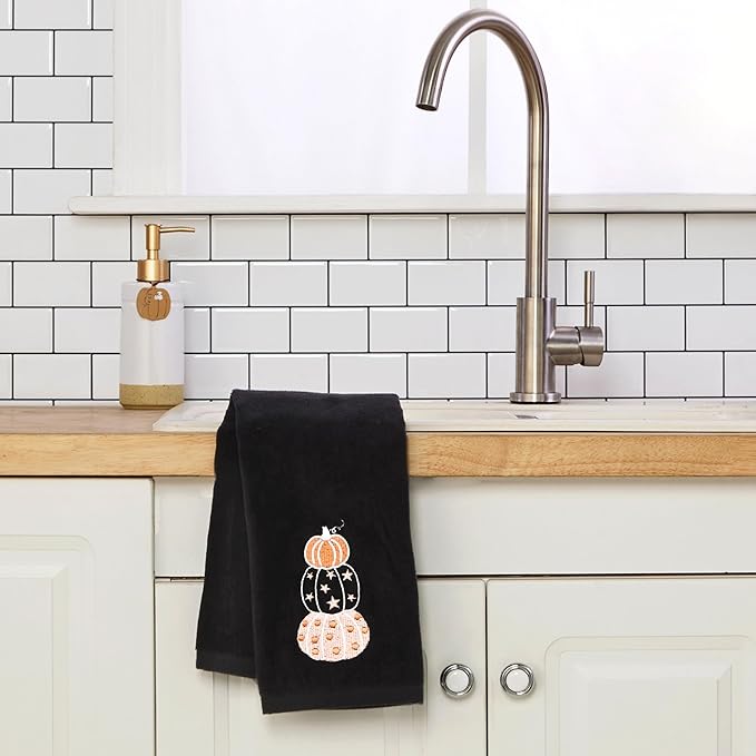 SKL Home Halloween Stacked Pumpkins 100% Cotton Embroidered 2pc Hand Towel Set, Decorative for Bath/Kitchen/Bar & Gift, Black