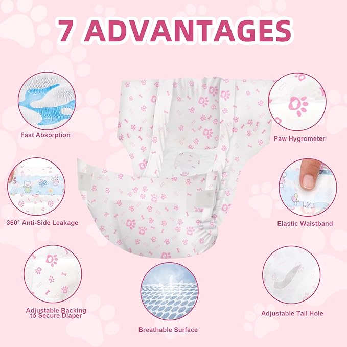 Disposable Dog Diapers Female 90 Count Puppy Diapers Female (Waist 13.4-19 in L) Super Absorbent Large Dog Pads for Heat Excitable Urination or Incontinence - Pink