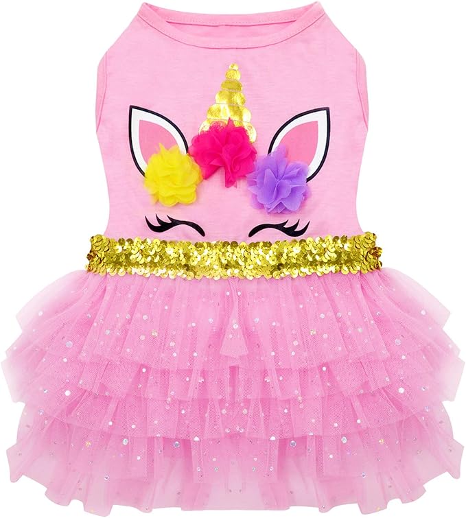 KYEESE Dog Dress Unicorn Tiered Layer Tutu Tulle Dogs Birthday Party Dresses with Sequins Cat Dress Dog Clothes