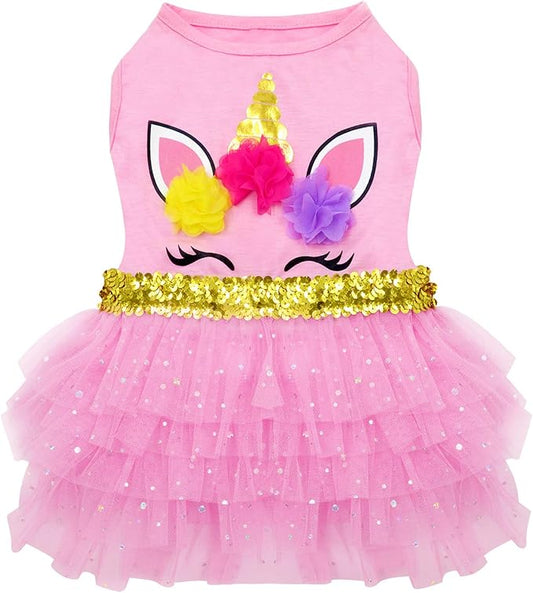 KYEESE Dog Dress Unicorn Tiered Layer Tutu Tulle Dogs Birthday Party Dresses with Sequins Cat Dress Dog Clothes