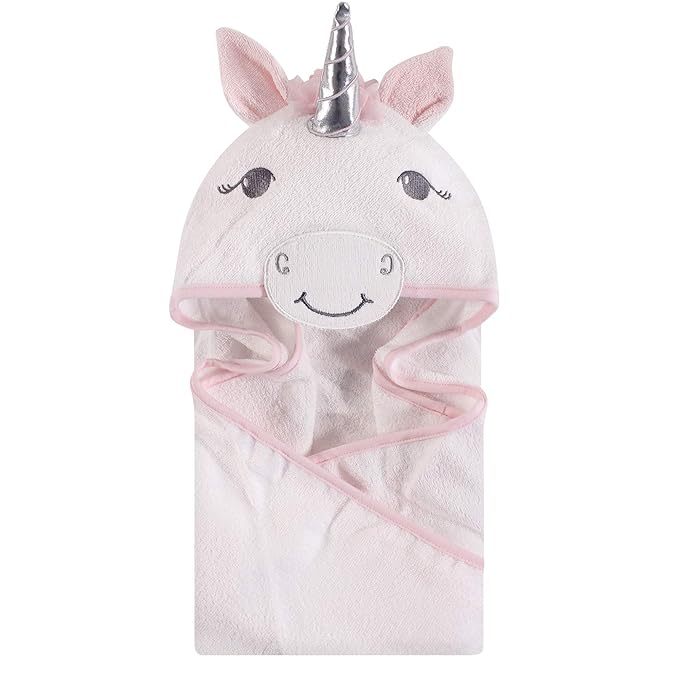 Hudson Baby Unisex Baby Cotton Animal Face Hooded Towel, White Unicorn, One Size
