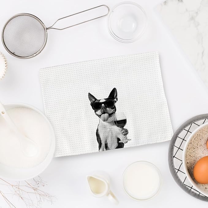 Boston Terrier Gifts Wine Kitchen Towels Set of 2, Funny Boston Terrier Dog Eating Pasta Decorative Hand Dish Towel for Kitchen Home Bar, Gift for Dog Wine Lovers Home Bar Decor(16x24Inch)