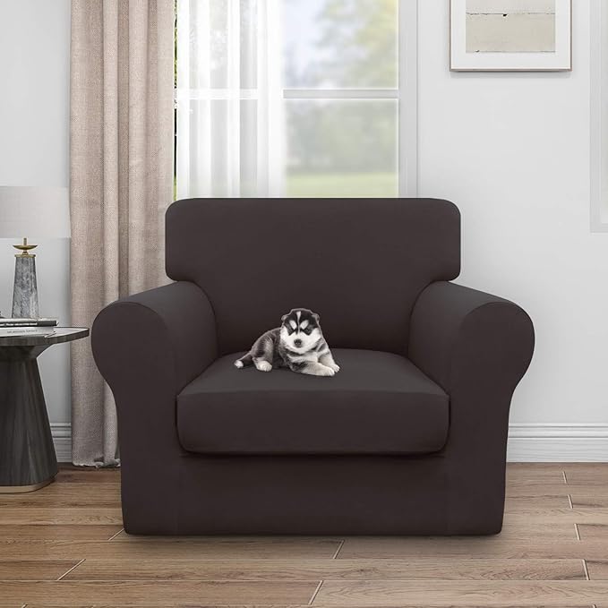 Easy-Going 100% Dual Waterproof 2 Pieces Chair Cover Stretch Soft Couch Cover for Dogs, Sofa Slipcover for 1 Separate Cushion Couch Leakproof Furniture Protector for Kids, Pets Chocolate