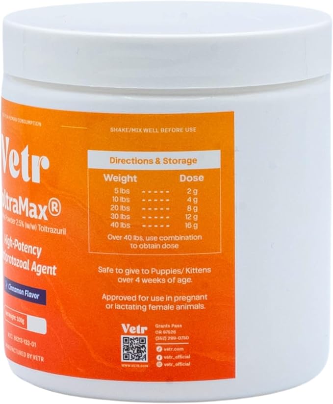 Vetr's Toltramax Toltrazuril Powder for Horses, Dogs, Cats, 100g (2.5%, Cinnamon)
