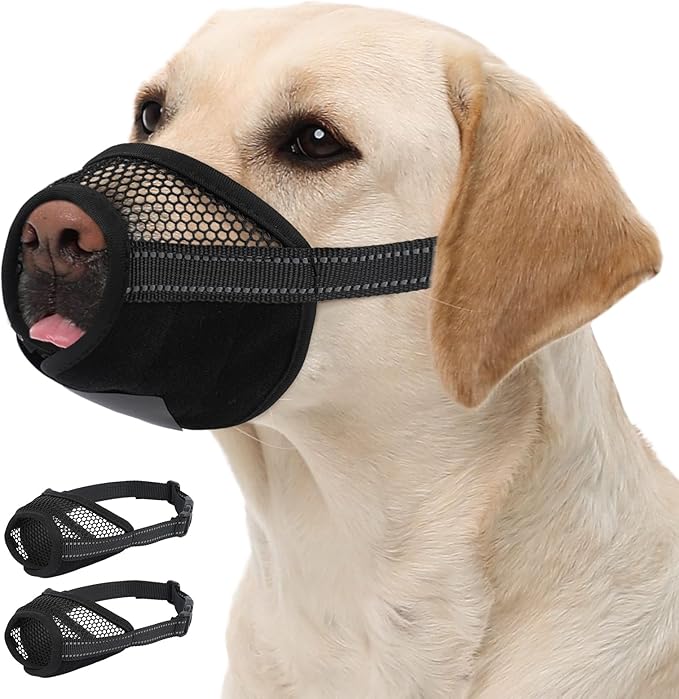 PAWsay 2 Pack Dog Muzzle, Soft Dog Muzzle for Extra Large Sized Dogs Anti Biting Barking Chewing Grooming, Air Mesh Breathable Dogs Mouth Guard Drinkable Adjustable Pet Muzzles, Black XL
