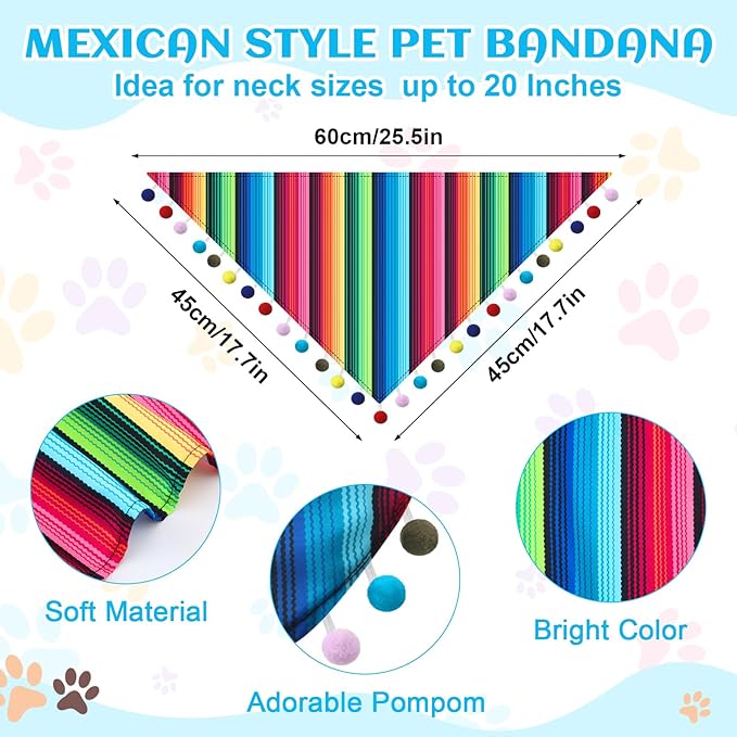 JaGely 3 Pcs Mexican Dog Costume Multicolor Cinco De Mayo Fiesta Cat Bandana with Pom Poms Porch Goose Outfits Mini Sombrero Mexican Hats Retro Pet Sunglasses Costume Accessories for Small Dog and Cat