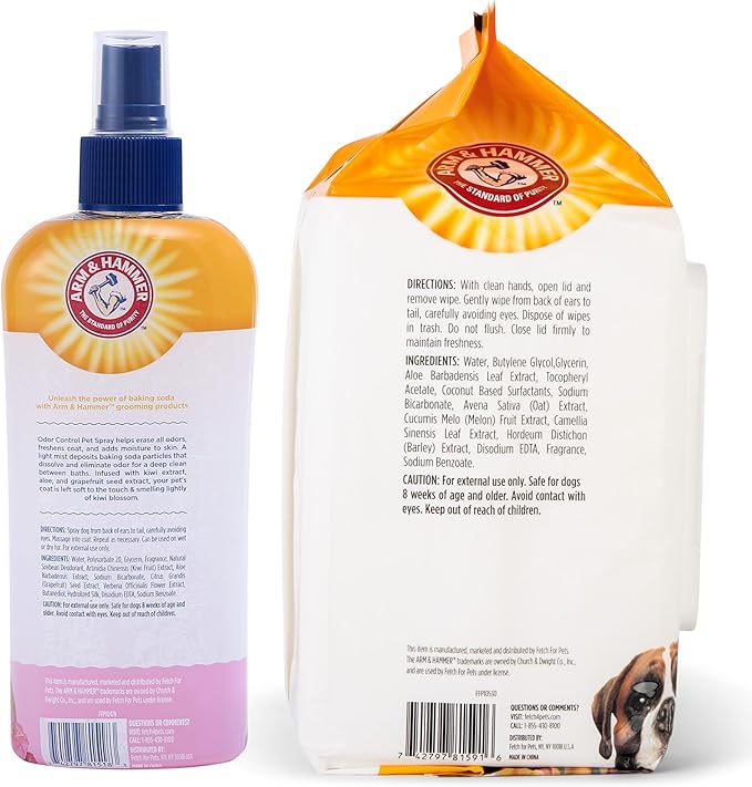 Arm & Hammer Dog Deodorizing Bundle - Super Deodorizing Spray (Kiwi Blossom, 8 oz) & Heavy Duty Bath Wipes (Mango Scent, 100 Count), Odor Eliminator & Grooming Wipes for Dogs & Puppies