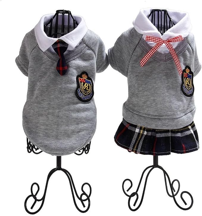 Selena Pet Uniform School Skirts Sailor Costume Dog Campus Clothes Teddy Cute Bowtie Adorable Puppy Apparel (X-Small,Gray Shirt)