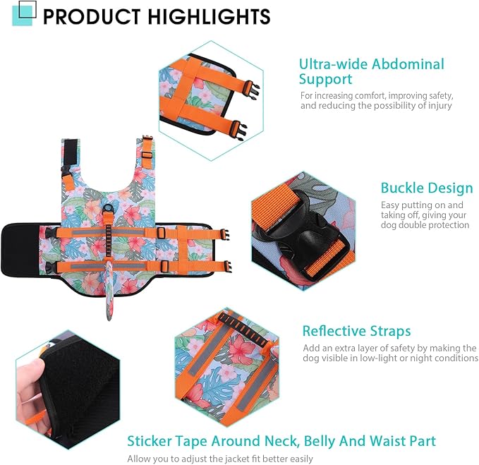 Queenmore Dog Life Jacket High Flotation, Reflective Dog Life Vest for Swimming, Adjustable Dogs Life Preserver Rescue Handle Spring Summer Pool for Small, Medium, Large Dogs (HawaiiOrange,L)