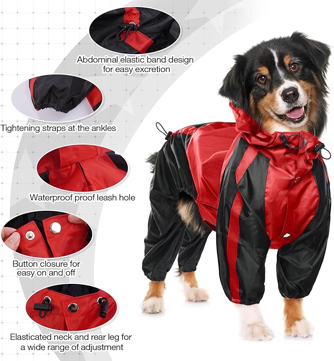 Dog Raincoat, Waterproof Dog Rain Jacket, Lightweight, Adjustable, Red, Large
