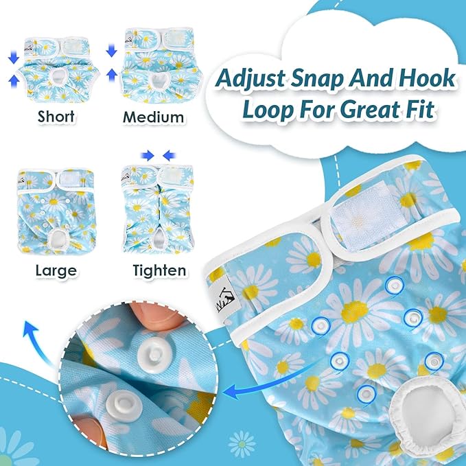 SlowTon Washable Dog Diapers Female - 3 Pack No Leak Reusable Doggie Puppy Diaper with Adjustable Buttons, Comfortable Female Dog Diapers for Heat Cycle Period Small Medium Large Dogs (M)
