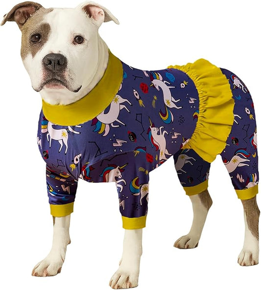 LovinPet Large Dog Pjs - Post Surgery Shirt, Unicorn Rocket Print, Full Coverage Dog Pjs, Pet Pajamas for Dogs, Lightweight Big Dogs Pullover Shirt, Pitbull Clothes, M