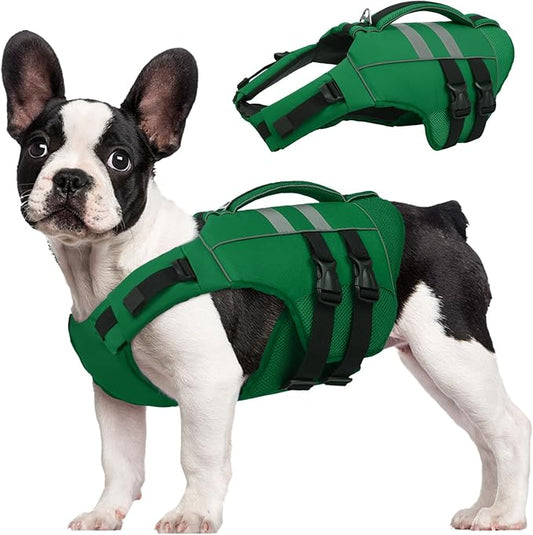 Kuoser Medium Dog Life Jacket, High Flotation Dog Life Vest for Swimming Boating, Reflective Dog Swimming Vest for Medium Dogs Pet Life Preserver with Rescue Handle, Green M