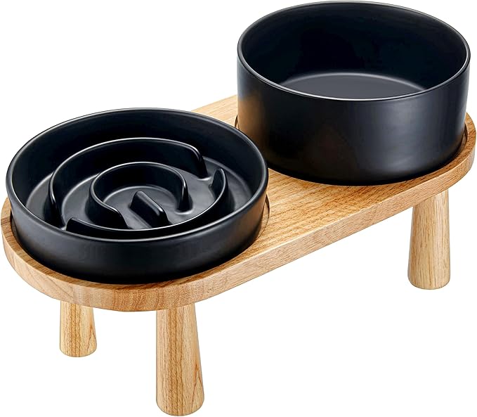 Ceramic Slow Feeder and Water Bowl Set for Small Dogs, 6.0 Inch Ceramic Dog Bowls Elevated with Wooden Stand, 0.6 Cups Dog Slow Feeder(14oz) and 30oz Water Bowl Set, Black