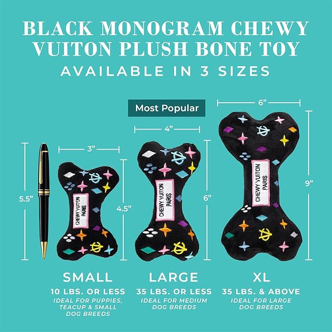 Haute Diggity Dog Black Monogram Chewy Vuiton Bone, Plush Designer Dog Toys with Interactive Squeaker, Stimulating Pet Enrichment, Machine-Washable & Safe Materials for All Breeds, Size Small