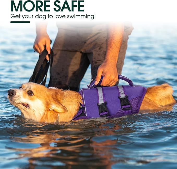 Kuoser Dog Life Jacket, High Flotation Dog Life Vest for Swimming Boating, Adjustable Ripstop Pet Lifesaver for Small Medium and Large Dogs, Reflective Safety Puppy Swimming Vest with Rescue Handle