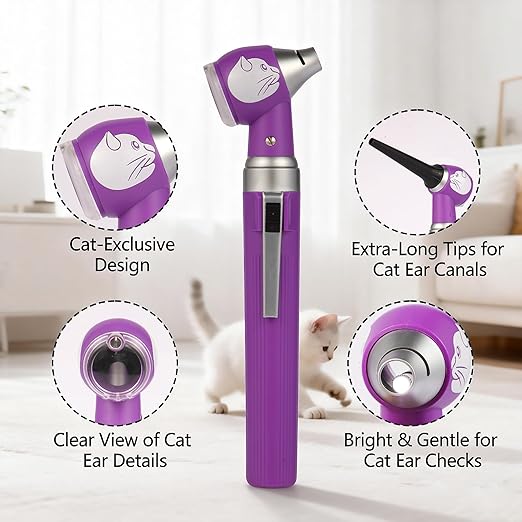 Veterinary LED Otoscope for Pets Cat-Design - Ear Infection Detector with Light, 6 Disposable Tips for Dogs & Cats, Portable Home Ear Checker (Purple)