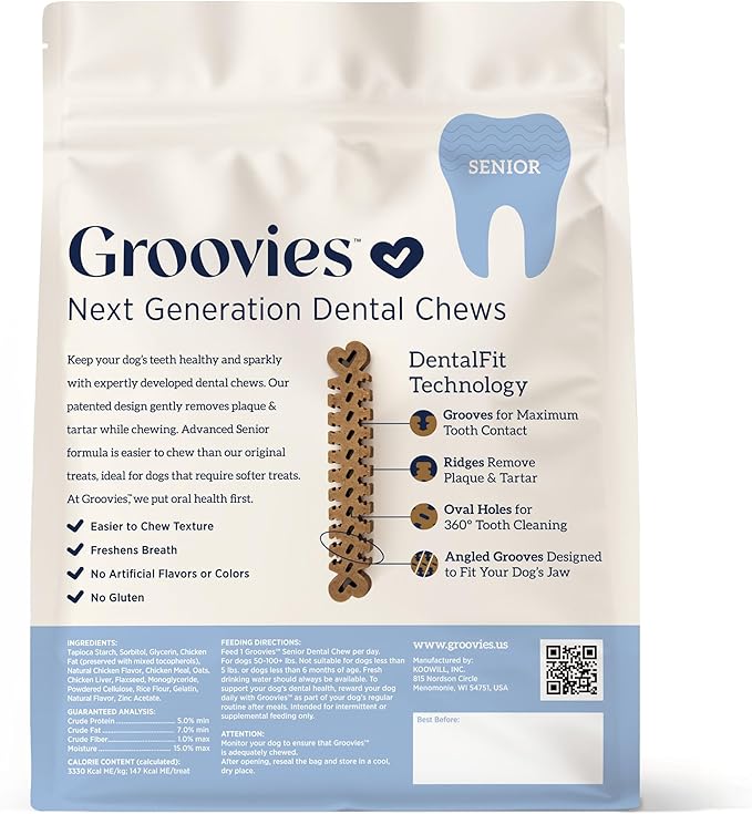 Groovies Gentle & Flexible Senior Dog Dental Chews, Contact-Cleaning Design Supporting Tartar Control & Fresh Breath, Oral Care Treats, USA Manufactured, Patented DentalFit Tech, XLarge Dogs, 4 Chews