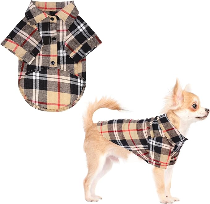KOOLTAIL Dog Shirt,Cotton Beige Plaid Pet Shirts,Cute Dog Apparel Clothes Suitable for All Seasons, Comfortable Dogs T-Shirt for Small Medium Large Dogs Cats, Pet Outfit Costume,S