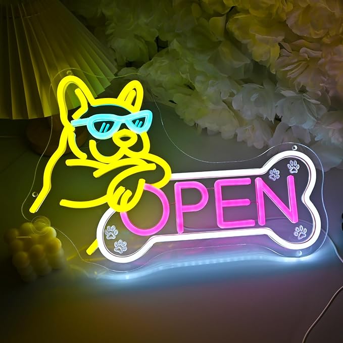 Britrio Pet Shop Open Neon Sign Dog Wall Decor for Pet Grooming Salon Open LED French Bulldog Neon Light Art for Pet Shop Business Welcome Sign Pet Hospital Pet Spa Animal Clinics Decoration 5V USB