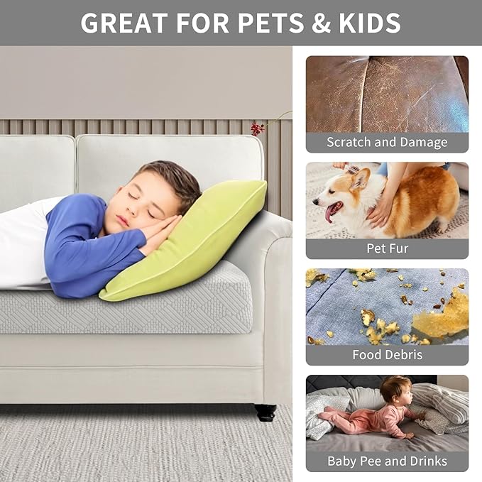 Easy-Going Waterproof Couch Cushion Covers for Couches and Sofas, Stretch Jacquard Sofa Seat Cover Replacement for Dogs, Pets & Kids, Durable Furniture Protector for Sofa Cushions, Light Gray