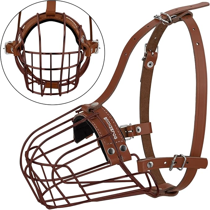 BRONZEDOG Pitbull Dog Muzzle Metal Mask Amstaff Wire Basket Pit Bull Adjustable Leather Straps for Large Dogs (Brown)