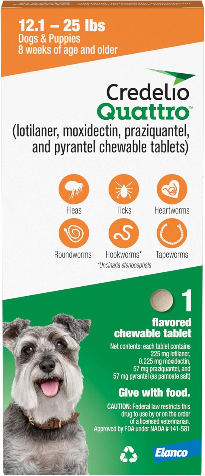 Credelio Quattro Dog Flea & Tick Treatment + Heartworm & Parasite Protection, 12.1-25 lbs (1 Chewable Tablet)