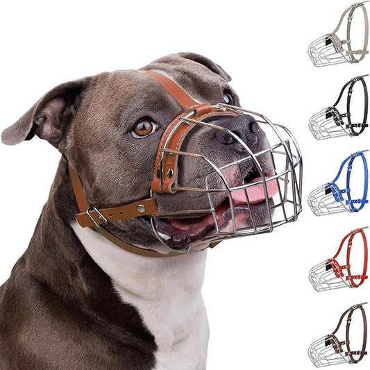 BRONZEDOG Pitbull Dog Muzzle Breathable Metal Basket for Large Dogs Amstaff Staffordshire Terrier Biting Chewing Barking (Leather, Brown)