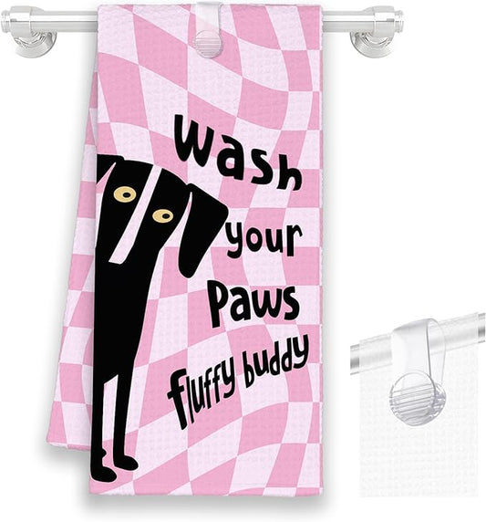 Pink Cute Dog Bathroom Kitchen Towels, Wash Your Paws Hand Towel for Bathroom, Funny Puppy Gifts for Dog Lovers, Trendy Preppy Checkered Dish Towels Decor for Dorm Girly Room 16x24in