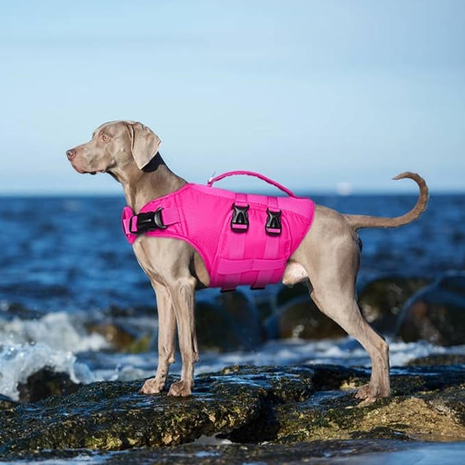 Kuoser Dog Life Jacket, Large Dog Water Vest for Swimming Boating, Reflective Doggie Swimming Vest Pet Life Preserver with Rescue Handle, Rosered L