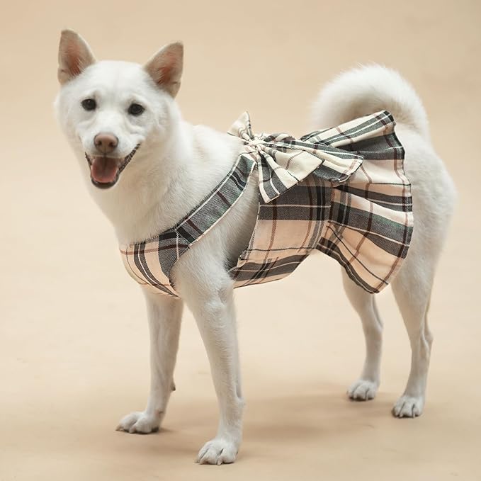 PUPTECK Plaid Dog Dress with Leash - Cute Puppy Harness Clothes for Small Medium Sized Dogs, Outfits for Girl Puppy Wedding Birthday Costume