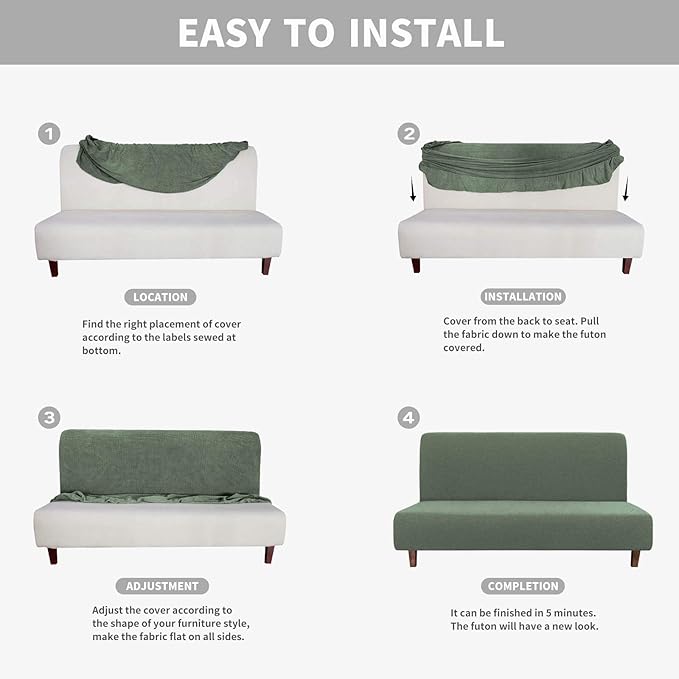 Easy-Going 100% Waterproof Futon Cover, Dual Waterproof Couch Cover for Futon, Stretch Jacquard Sofa Cover, Leakproof Furniture Protector for Kids, Pets, Dog and Cat (Medium, Grayish Green)