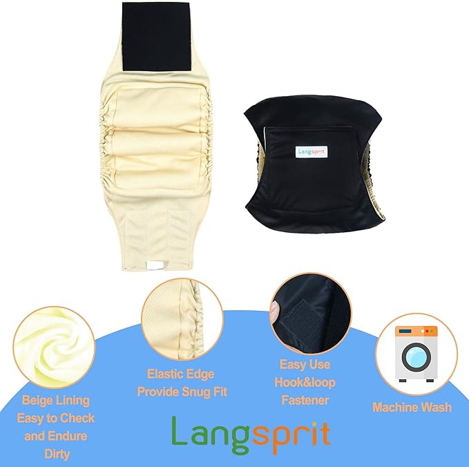 Langsprit Male Belly Bands for Dogs (Pack of 3) - High Absorbing Dog Wraps Male Washable - Reusable Dog Diapers (Black, Medium)