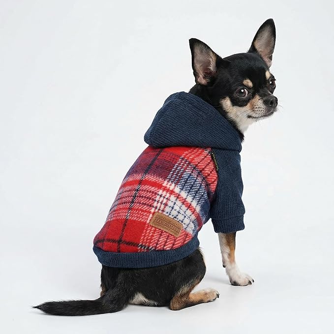 Fitwarm Tartan Plaid Dog Hoodie, Knitted Dog Clothes for Small Dogs Boy, Pet Sweater with Hood, Cat Fleece Lined Winter Outfit, Red, Navy Blue, XXL