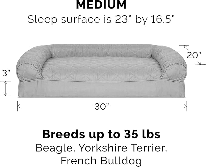 Furhaven Pillow Dog Bed for Medium/Small Dogs w/ Removable Bolsters & Washable Cover - Quilted Sofa - Silver Gray, Medium