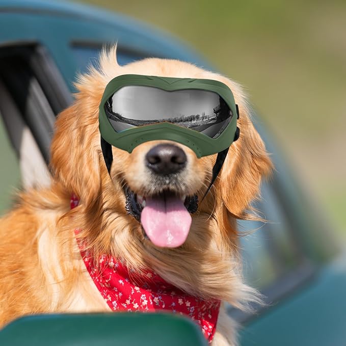 Dog Goggles, UV Protection, Windproof, Dustproof, Anti-Fog Dog Sunglasses for Large & Medium Dogs, Lightweight TPE Frame with Adjustable Strap, Stylish Outdoor Protection (Olive Green)