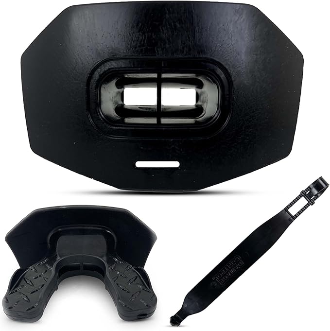 DAMAGE CONTROL Youth Football Mouth Guard – Breathable No Boil Mouthpiece, Protects Lips & Teeth, Works with Braces, Includes Helmet Strap – Sports Gear & Accessories (Black)