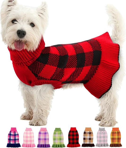 Dog Sweater Dress Plaid Knitwear for Small Medium Dogs Warm Puppy Pet Turtleneck Stretch Pullover Cute Fall Winter Vest Clothes with Leash Hole for Christmas (Red, M)