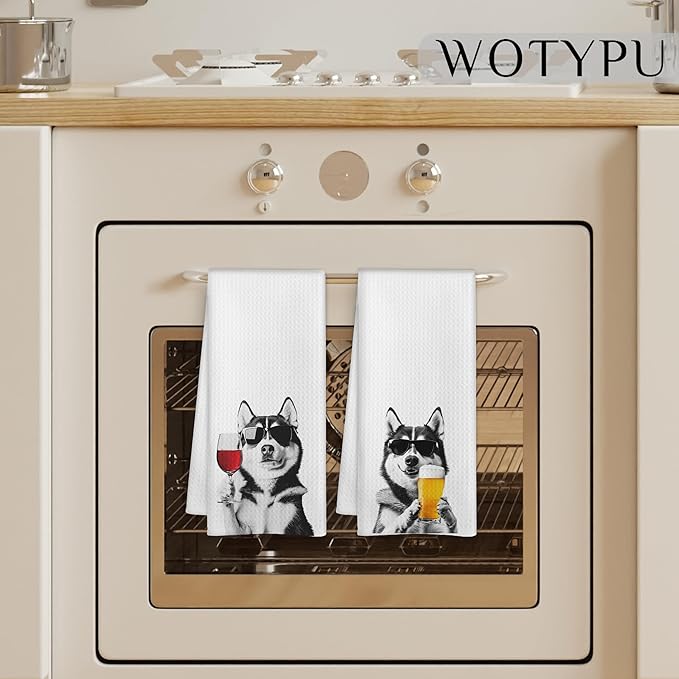 Funny Siberian Husky Kitchen Bar Towels, Gifts for Husky Lovers, Wine Beer Lovers Gifts Decorative Hand Towels for Kitchen Bar Cart Decor, 16x24 Inch Set of 2