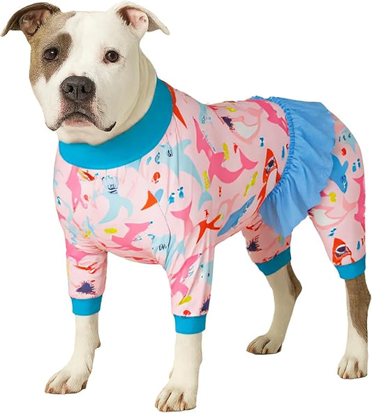 LovinPet Large Dog Pajama - UV Protection, Post Surgical Recovery Pajamas, Lightweight Stretchable Fabric, Big Bites Pink Print, Pitbull Clothes, Undershirt for Dog Dresses,Pink L