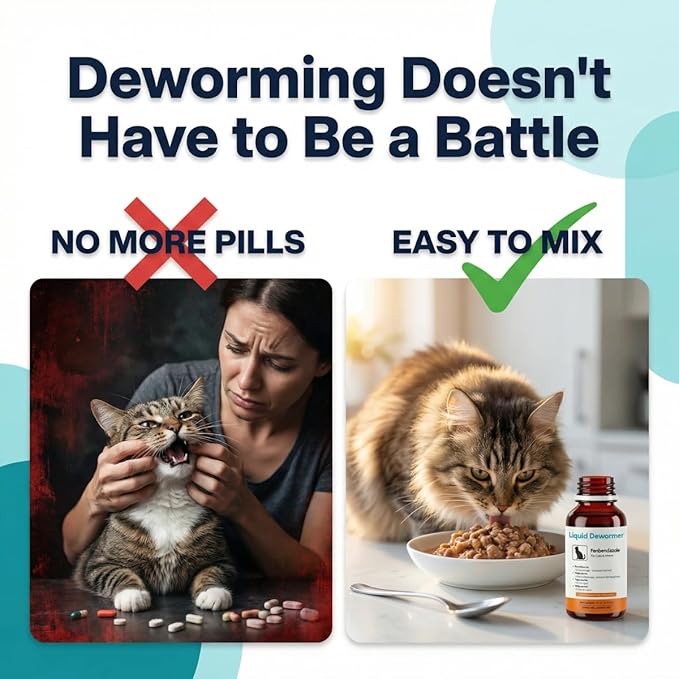 Dewormer for Cats & Kittens Liquid Fenbendazole - Broad Spectrum Suspension - Removes Roundworm, Hookworm, Tapeworm - Easy to Mix with Food, Includes 3ml Dosing Syringe (100ml)